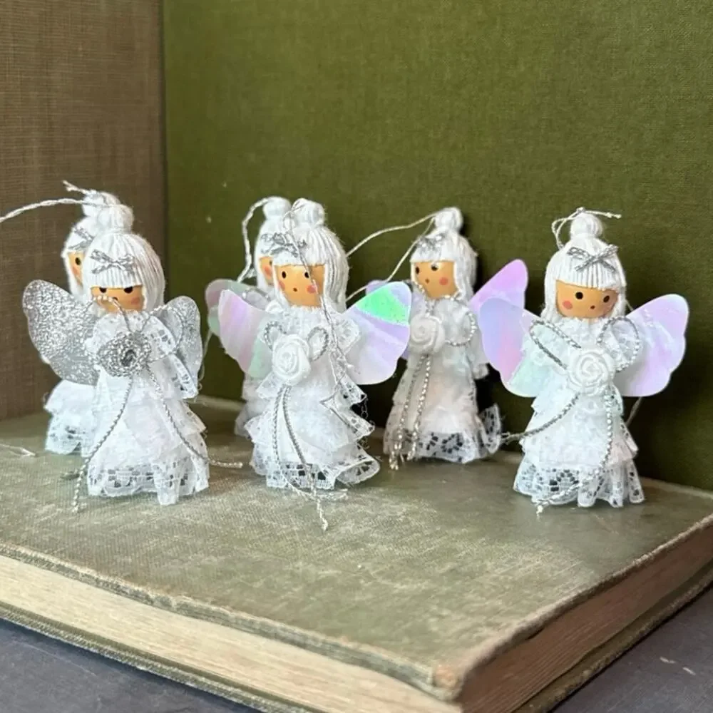 Vintage Angel Ornaments • Set of 6 • Iridescent Wings • 2.75”